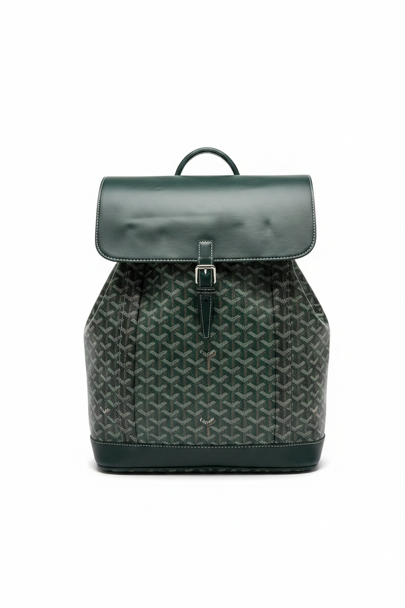 Green backpack on white background
